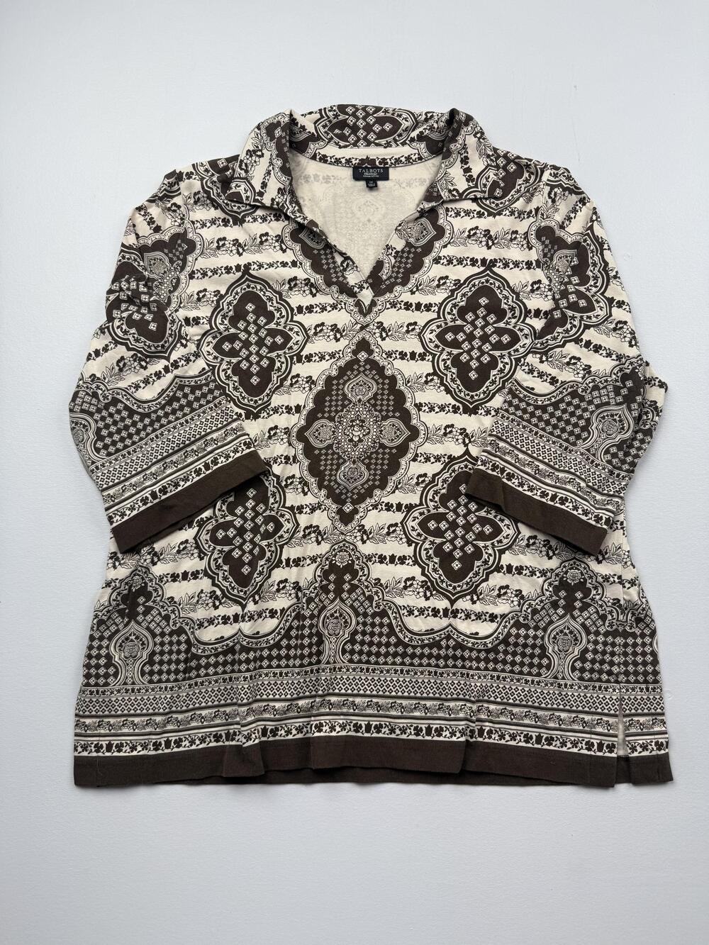 Talbots Shirt Womens 1X Petite Brown V Neck 3/4 Sleeve Paisley Jersey Tunic Top